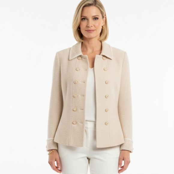 St. John Double Breasted Gold Button Cream Santa Knit Women’s Sweater Blazer XS